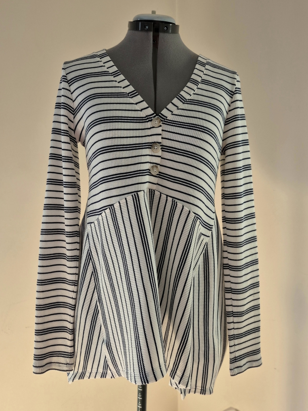 Striped V-Neck Button Front Knit Top - White & Black
